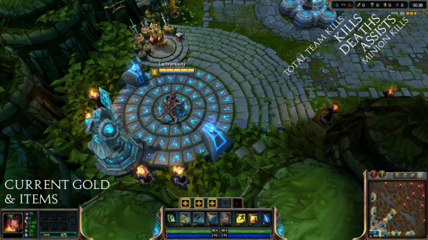 KDA is displayed in the top right, with items and current (not accumulated) gold in the bottom left.